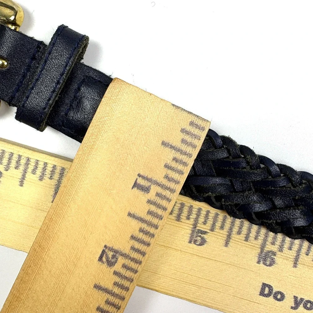 VTG 80s Chic Brand Braided Genuine Leather Belt Womans Sz L Navy Blue‎ Gold Tone